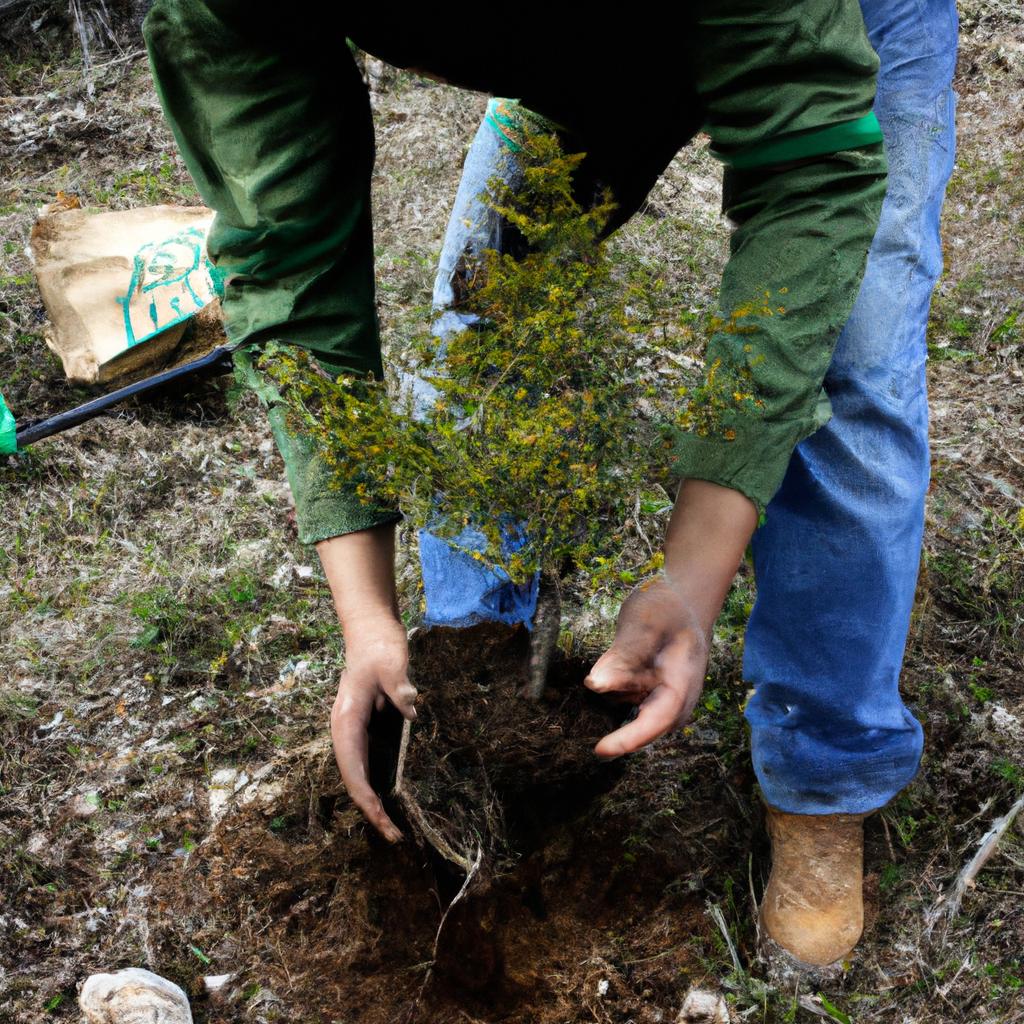 Person planting trees in forest